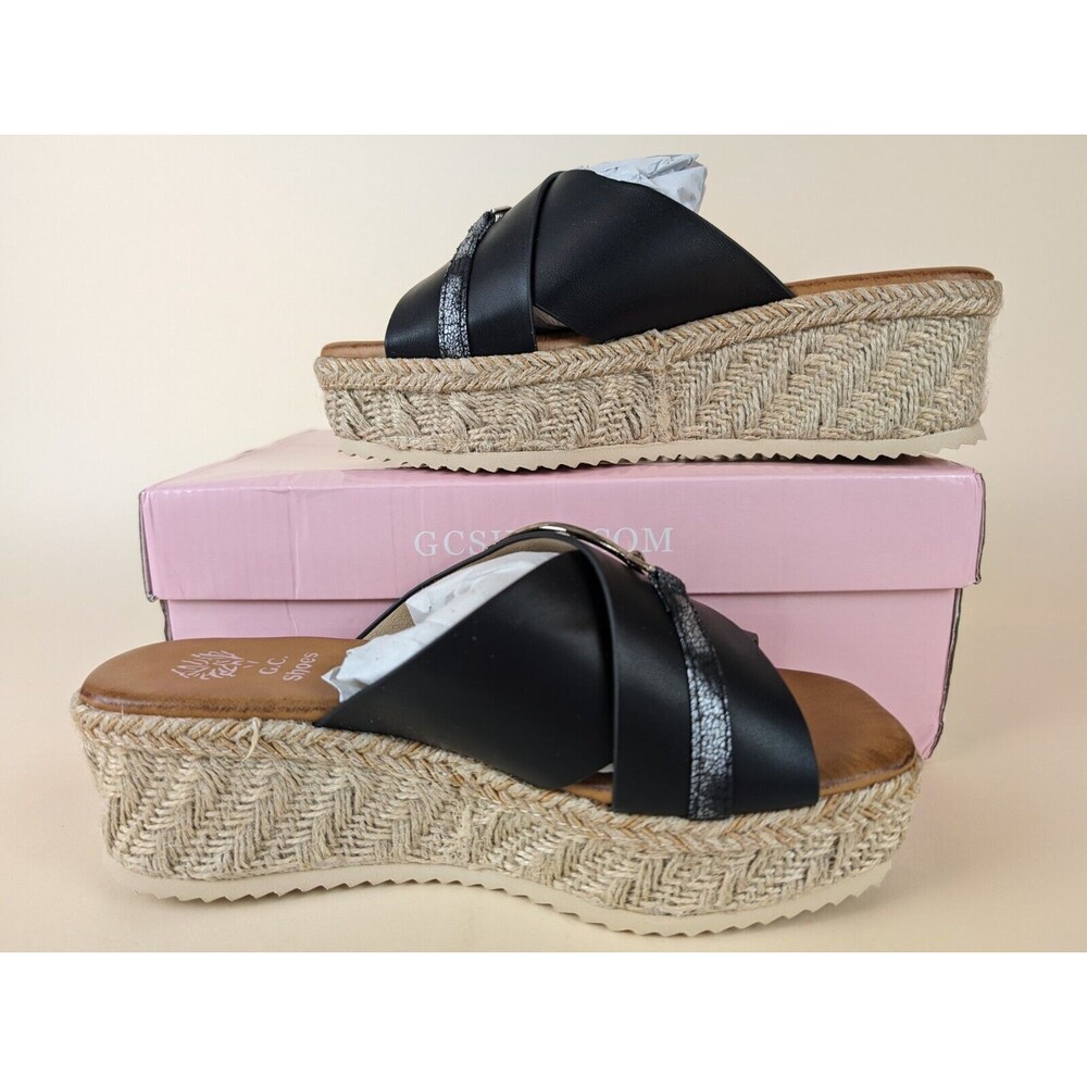 GC Shoes Lindsey Espadrille Wedge Sandals Womens 6 M Black Buckle Strap NWB - Picture 3 of 13